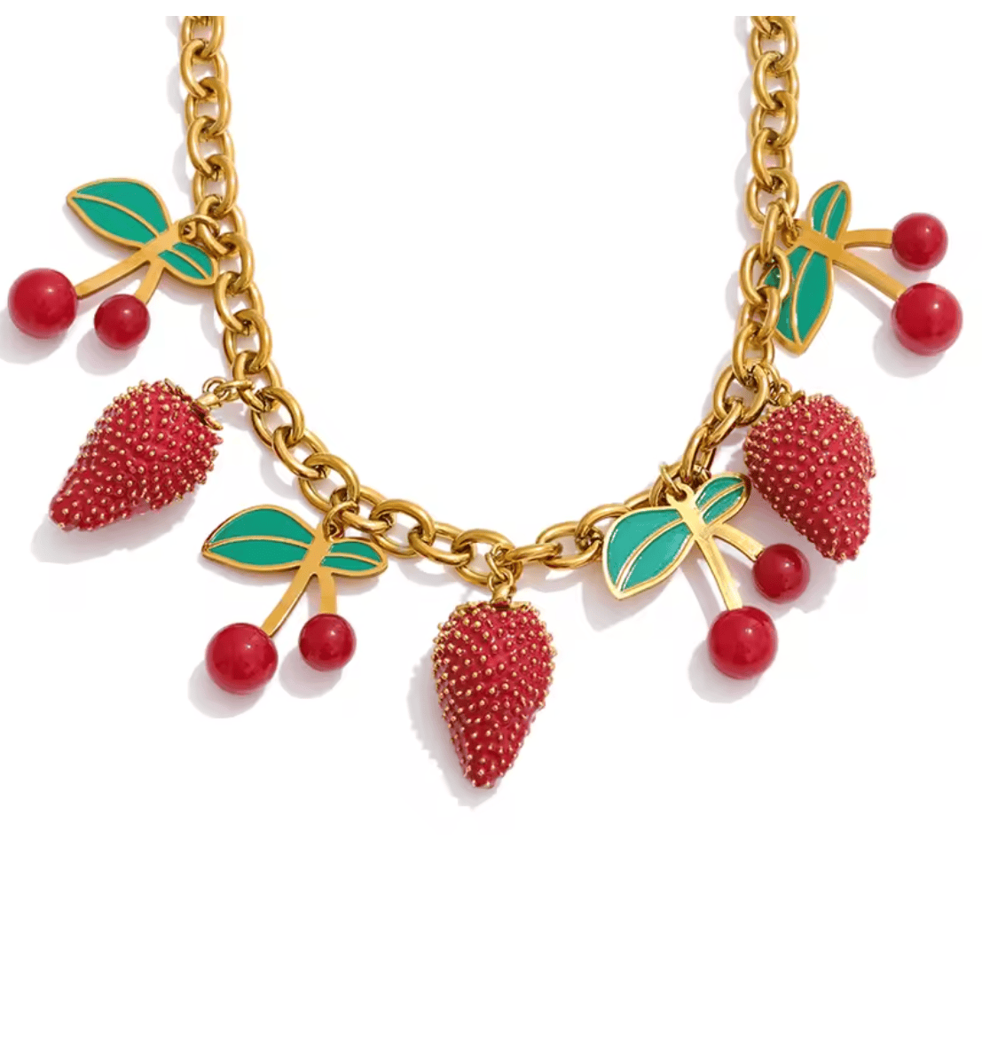 Gold necklace with strawberry-shaped charms on a white background