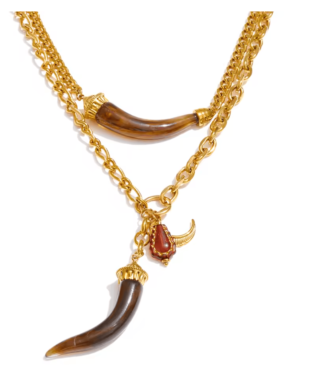Gold necklace with brown horn pendants on a white background