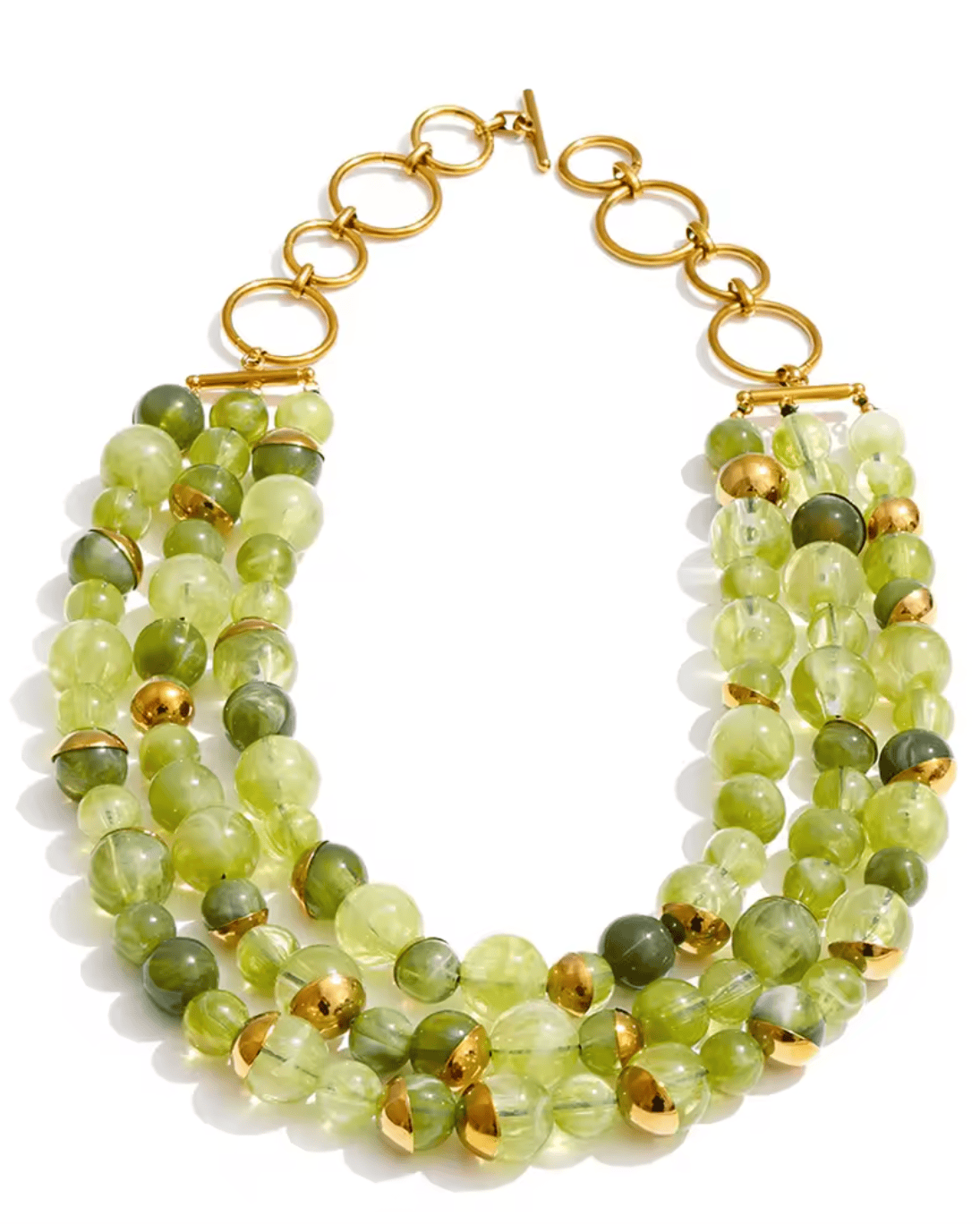 Green beaded necklace with gold accents on a white background