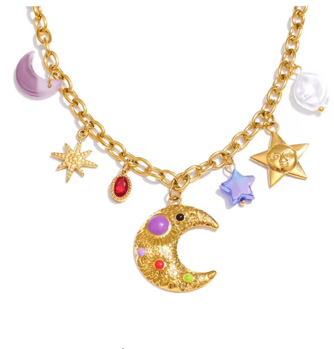 Gold necklace with moon, star, and colorful charm on a white background