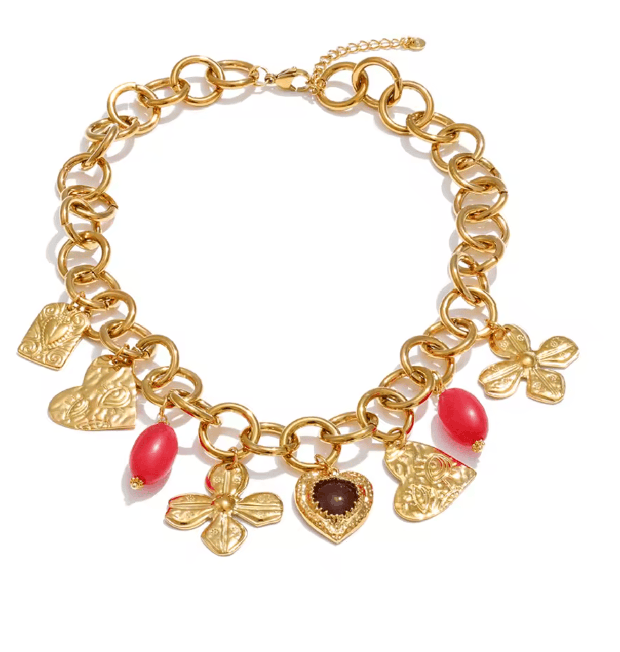 Gold charm bracelet with various charms on a white background