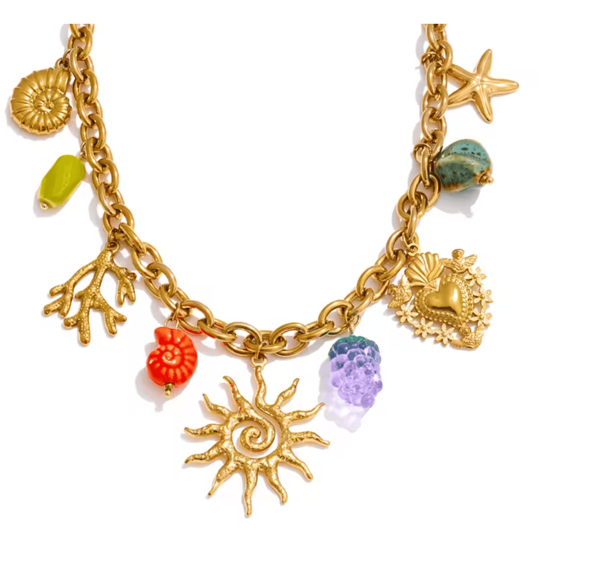 Gold charm bracelet with various charms on a white background