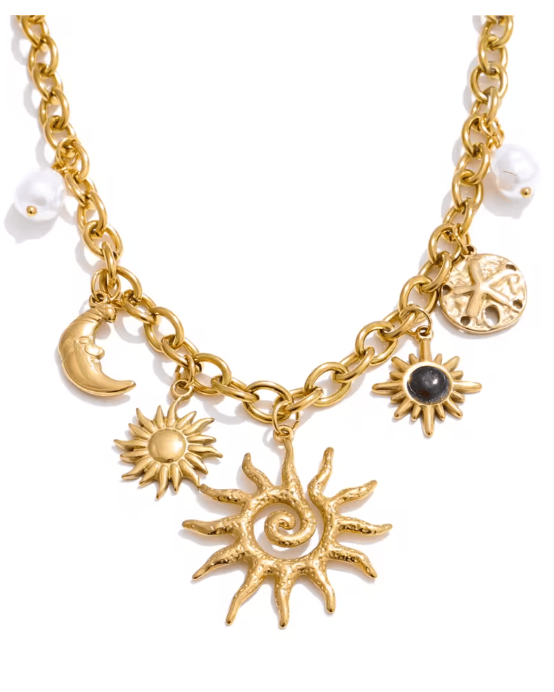 Gold necklace with sun, moon, and star charms on a white background